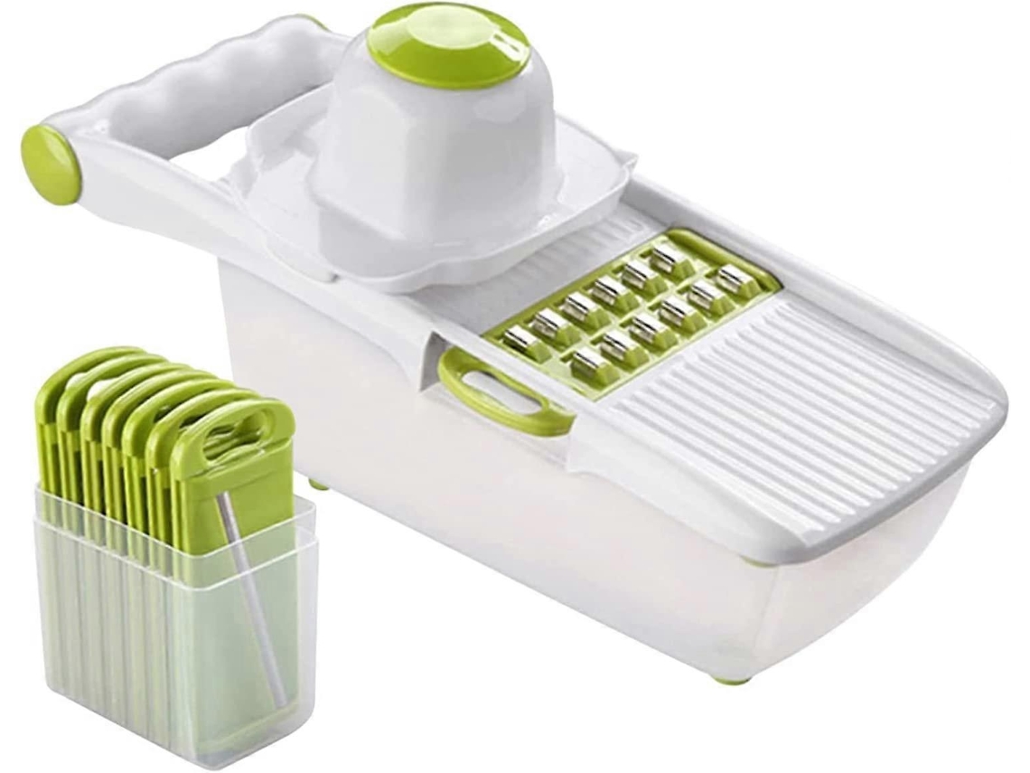 Cortador de frutas y verduras 8 en 1, cortador multifuncional con cuchillas intercambiables y base de almacenamiento.