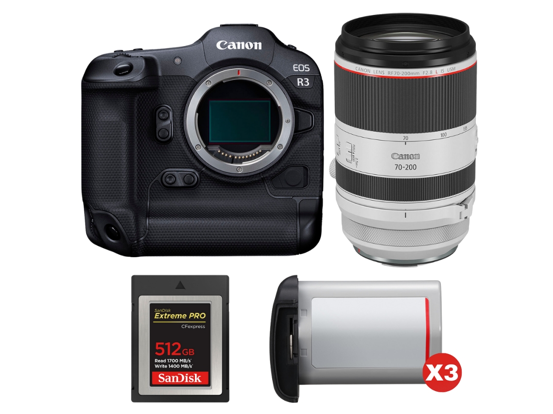EOS R3 + RF 70 200mm F/2.8 L IS USM + 1 Sandisk 512GB Extreme Pro Cfexpress Tipo B + 3 Canon LP E19 + Libro electrónico Pricedirect CANON