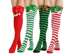 2026-4 Pares Medias Largas Para Mujer Navidad Rayadas Con Ligas Y Pelotón De Pelo
