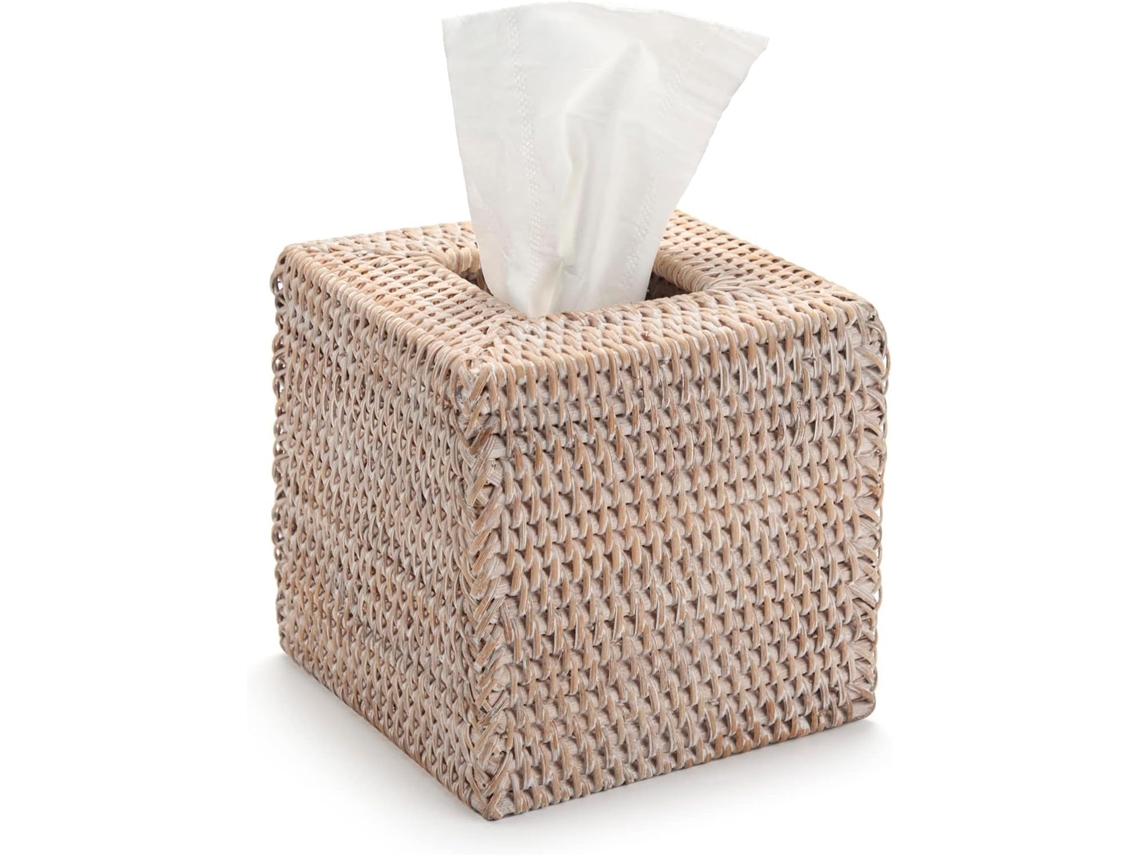 Caja De Pañuelos Decorativa De Ratán Blanco - Tejido Cuadrado
