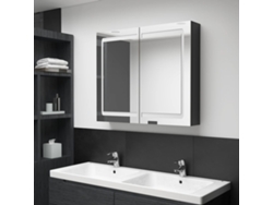 Armario de baño con espejo e iluminación LED, 80x12x68 cm, negro brillante.