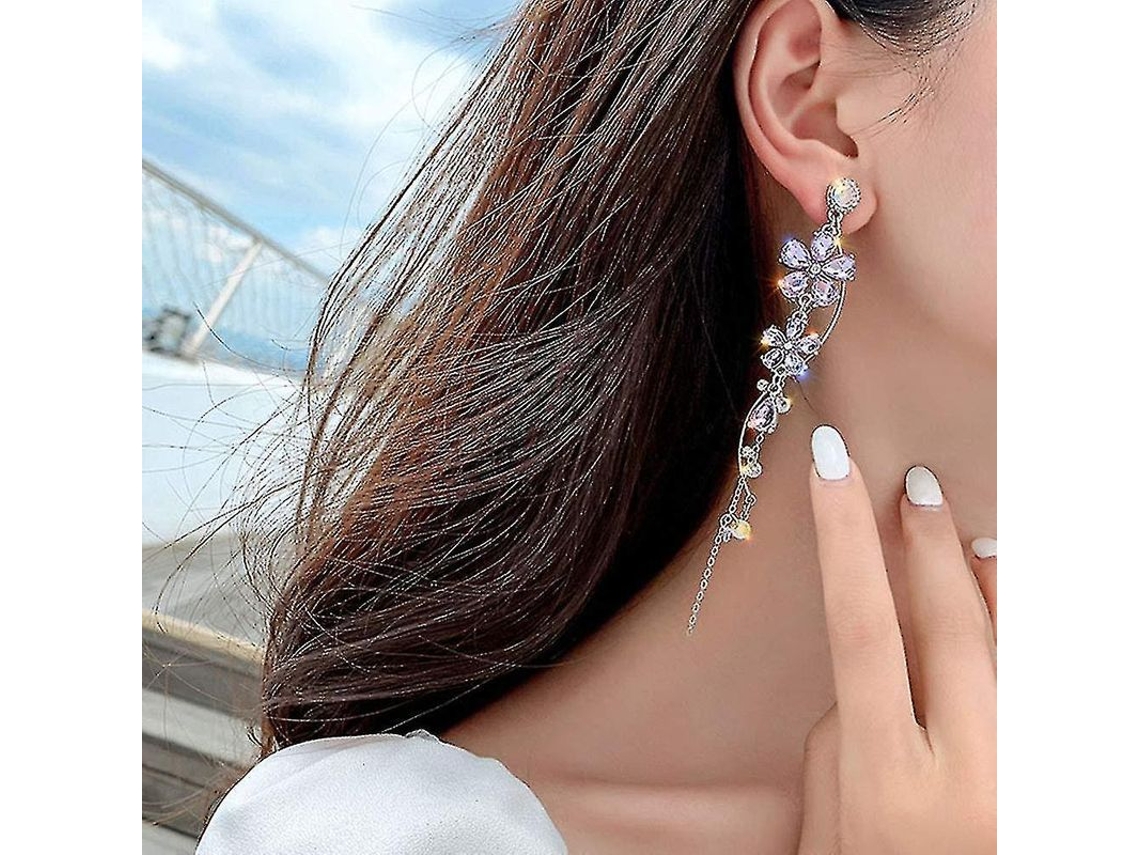 2026-aretes Largos De Flores De Plata Con Piedras Rhinestones Moradas Para Mujer Y Niña Joyería Corporal