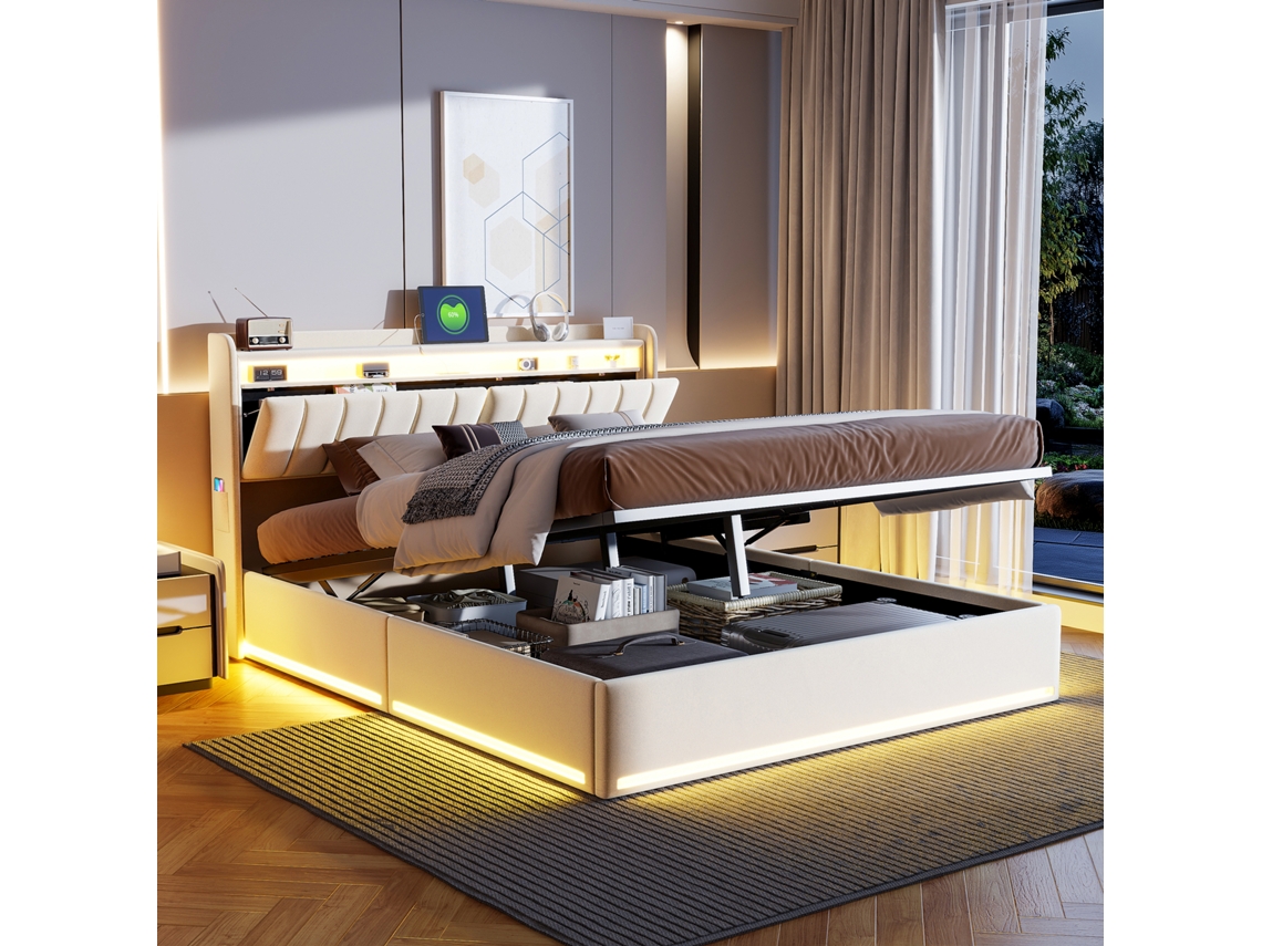 Cama Matrimonial Led Hidráulica 140x200 Cm Cabecero Terciopelo Almacenaje Luz Rgb