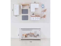 Casita de madera con mesa y silla, accesorios de cocina y dormitorio. Mdug (cocina)