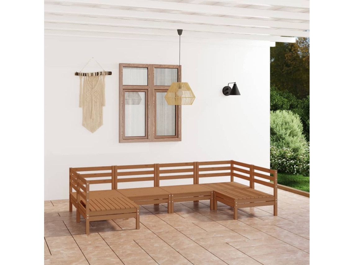 Conjunto de salón de jardín de 6 piezas de pino macizo marrón miel DKD Home Decor