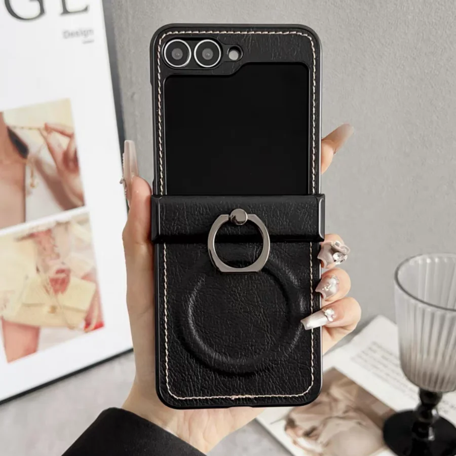 (negro, Galaxy Z Flip5) Funda Retro De Piel Granulada Con Soporte De Bisagra Magnética