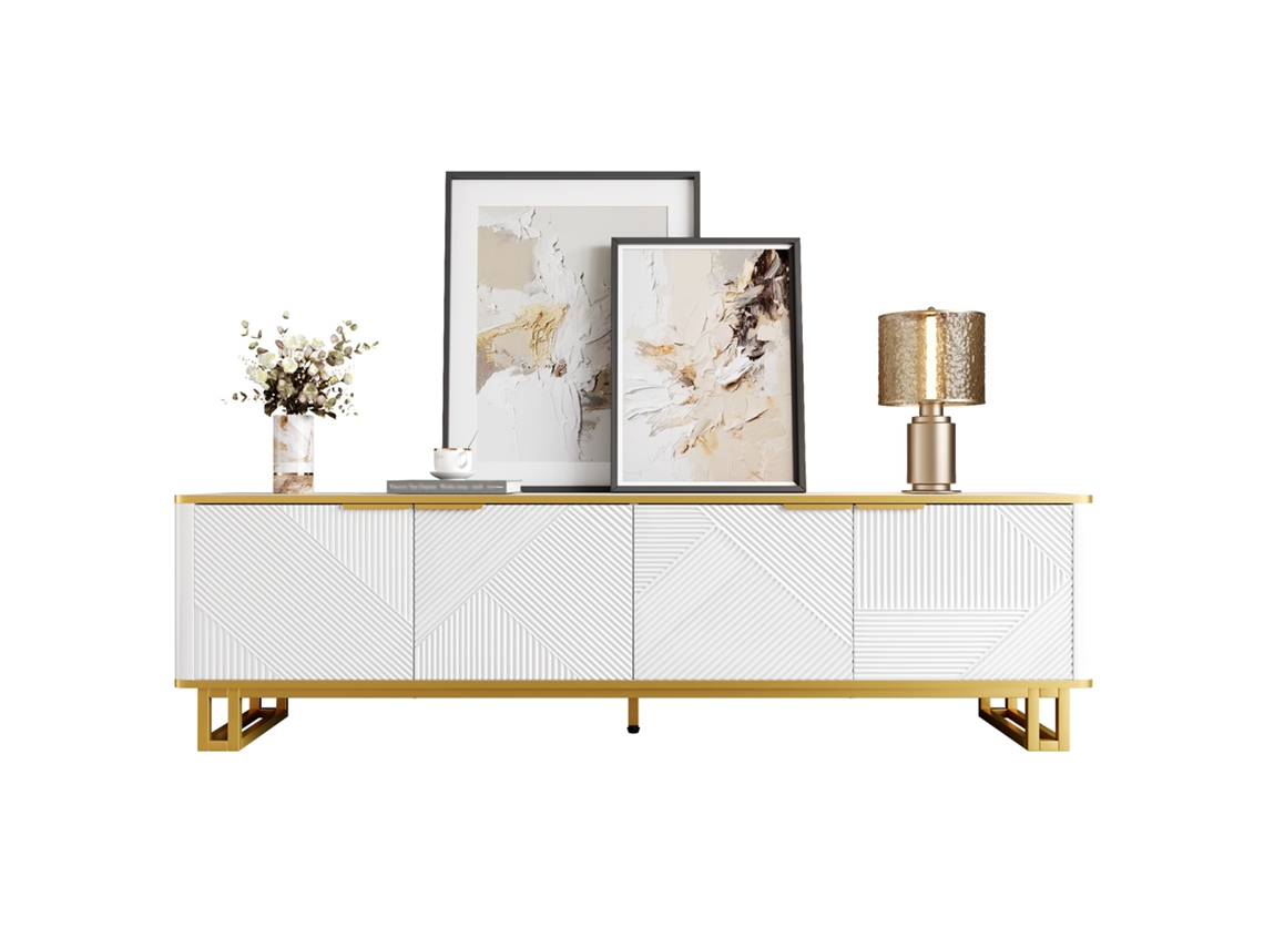 Mueble Tv 160x37,5 Cm - 4 Puertas, Textura Geométrica, Diseño Único - Blanco