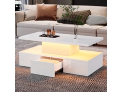 Mesa De Centro De 2 Niveles - Con Luz Led De 16 Colores - Sofá Con Estante Abierto Y 1 Cajón Deslizante - Blanco