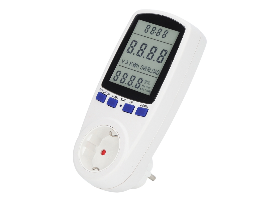 Monitor de consumo eléctrico con pantalla LCD retroiluminada azul, medidor de potencia para enchufes de uso doméstico.