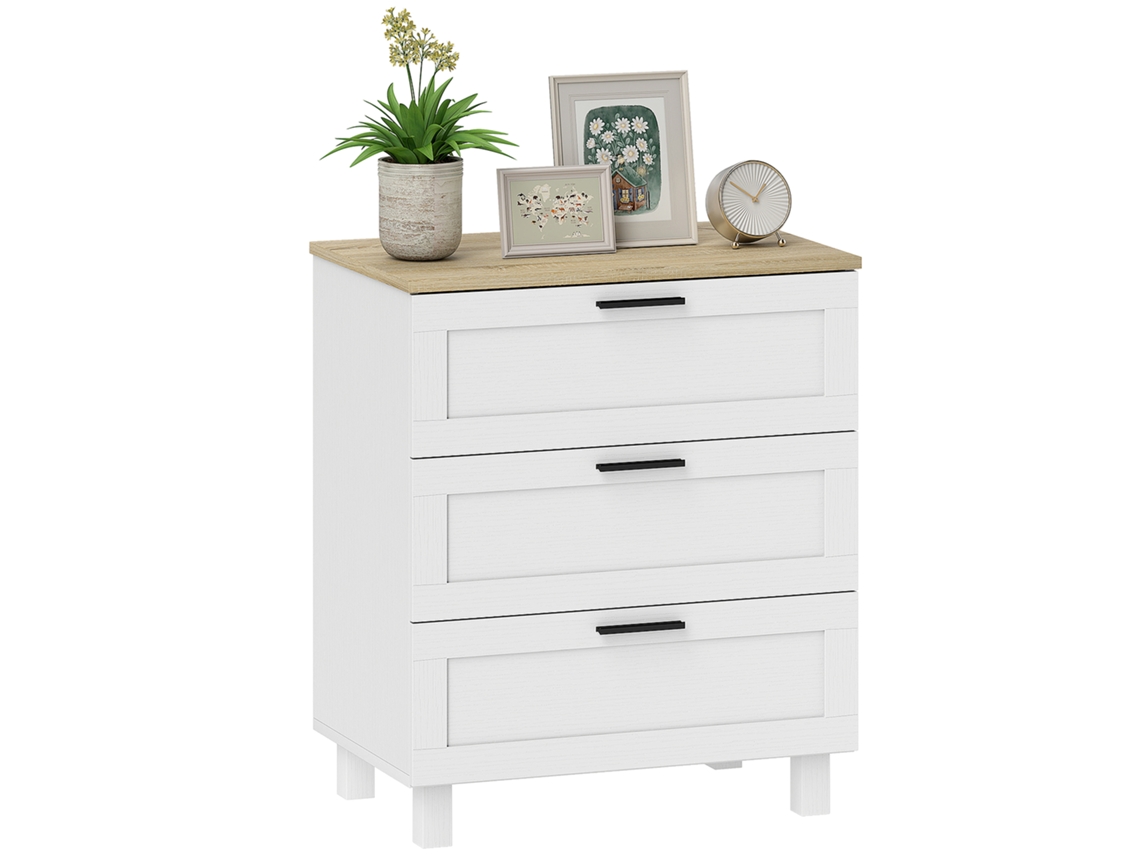 Cómoda moderna de madera con 3 cajones. 60x38x71 cm. Color blanco y madera.
