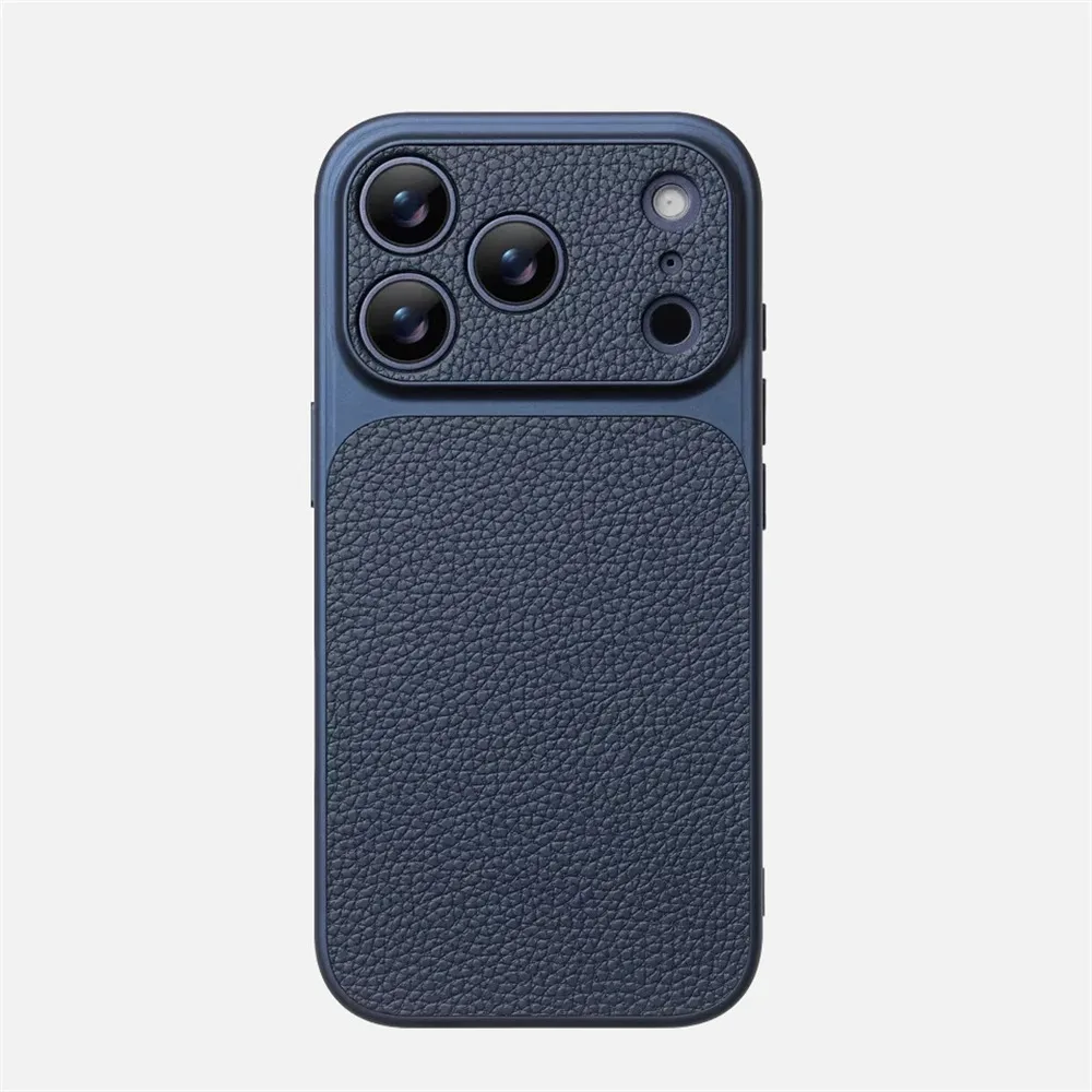 (iphone 17 Pro Azul) Elegante Funda Para Iphone Con Textura De Cuero Y Protección Para La Lente.