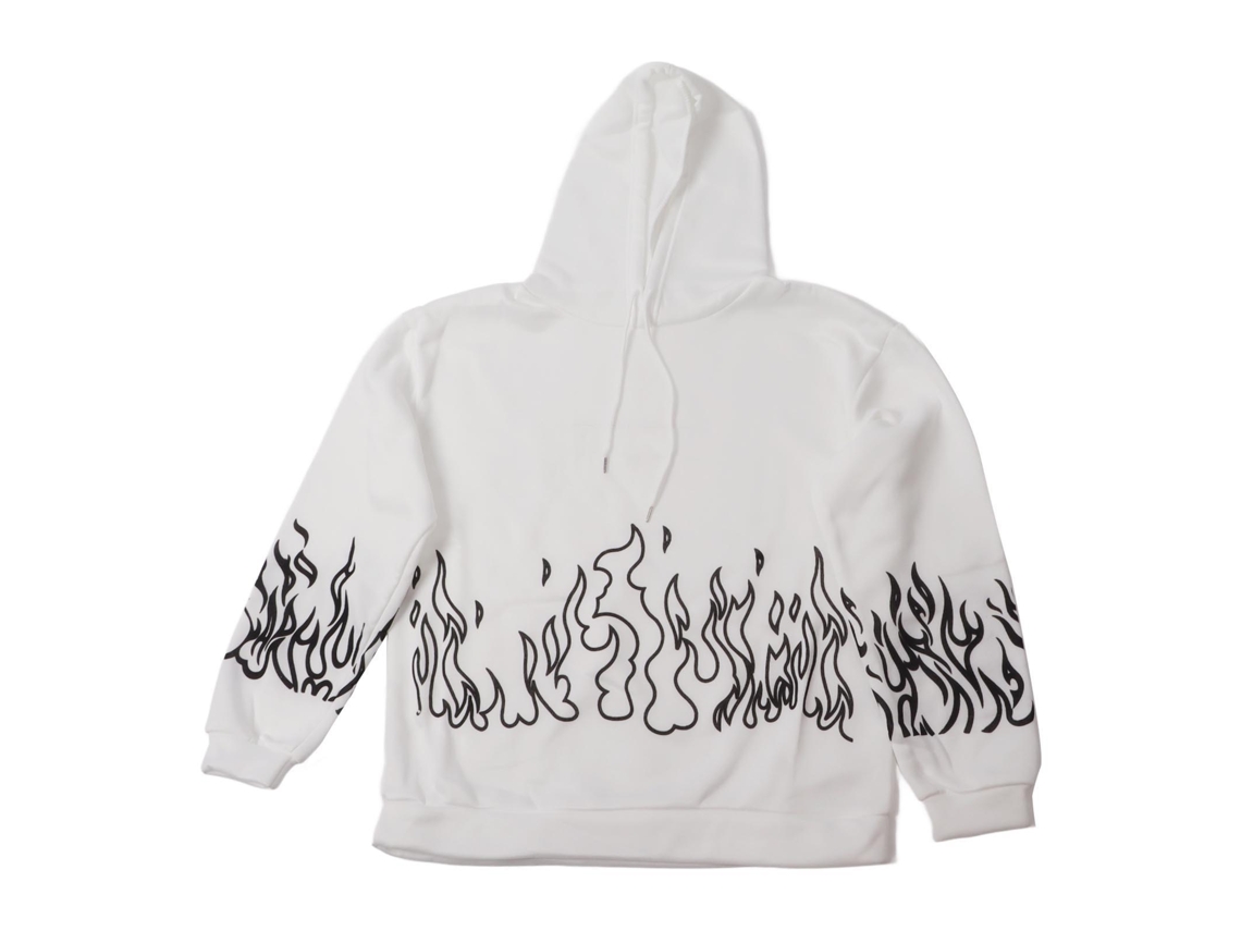 Sudadera Con Capucha Estampada Con Llamas, Corte Holgado, Felpa, Invierno, Otoño, Blanca, Xl
