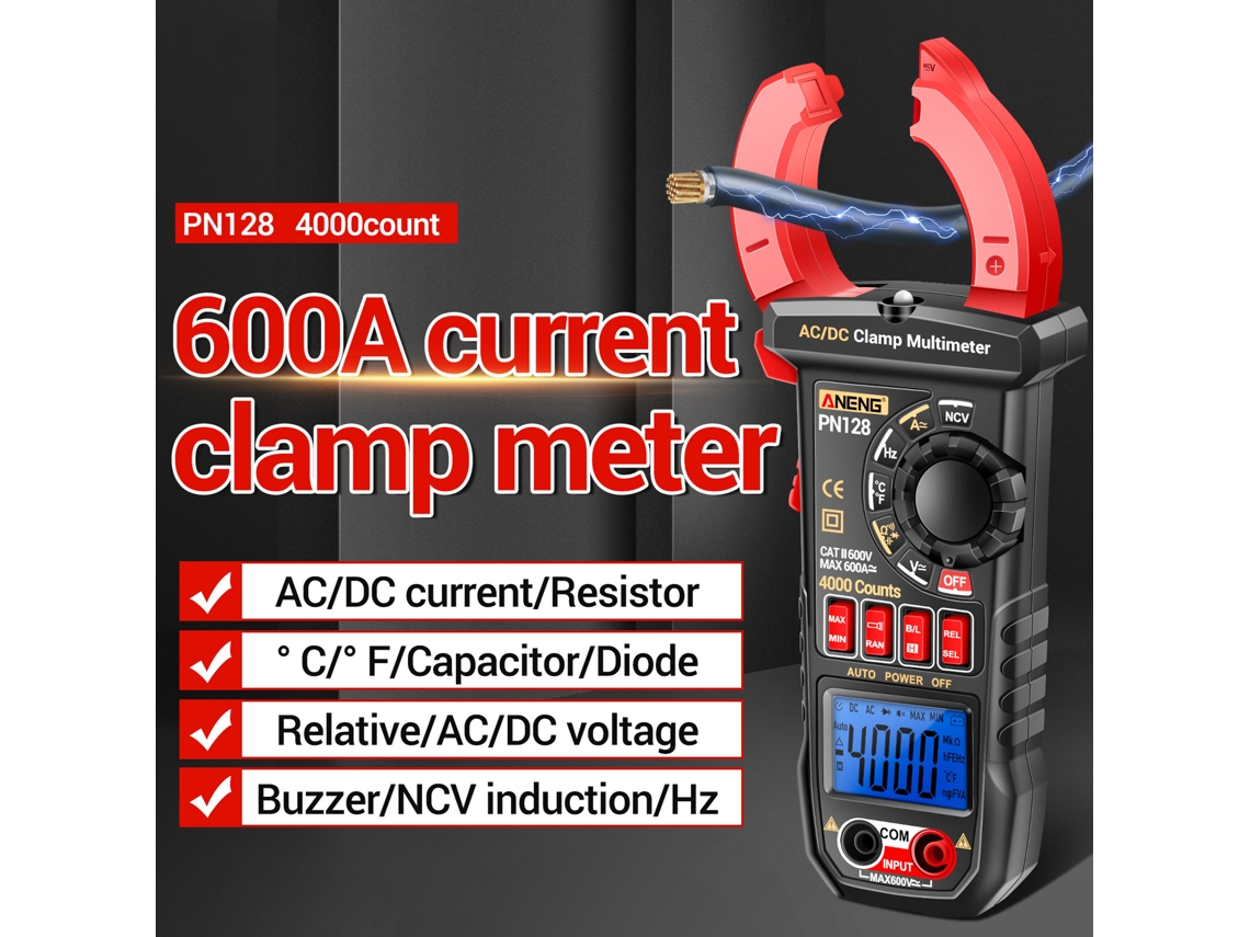 Pinza Amperimétrica Aneng Pn128 De 4000 Cuentas, 600 A, Ac/dc, Rms Verdadero, Multímetro Digital Con Comprobador Ncv.