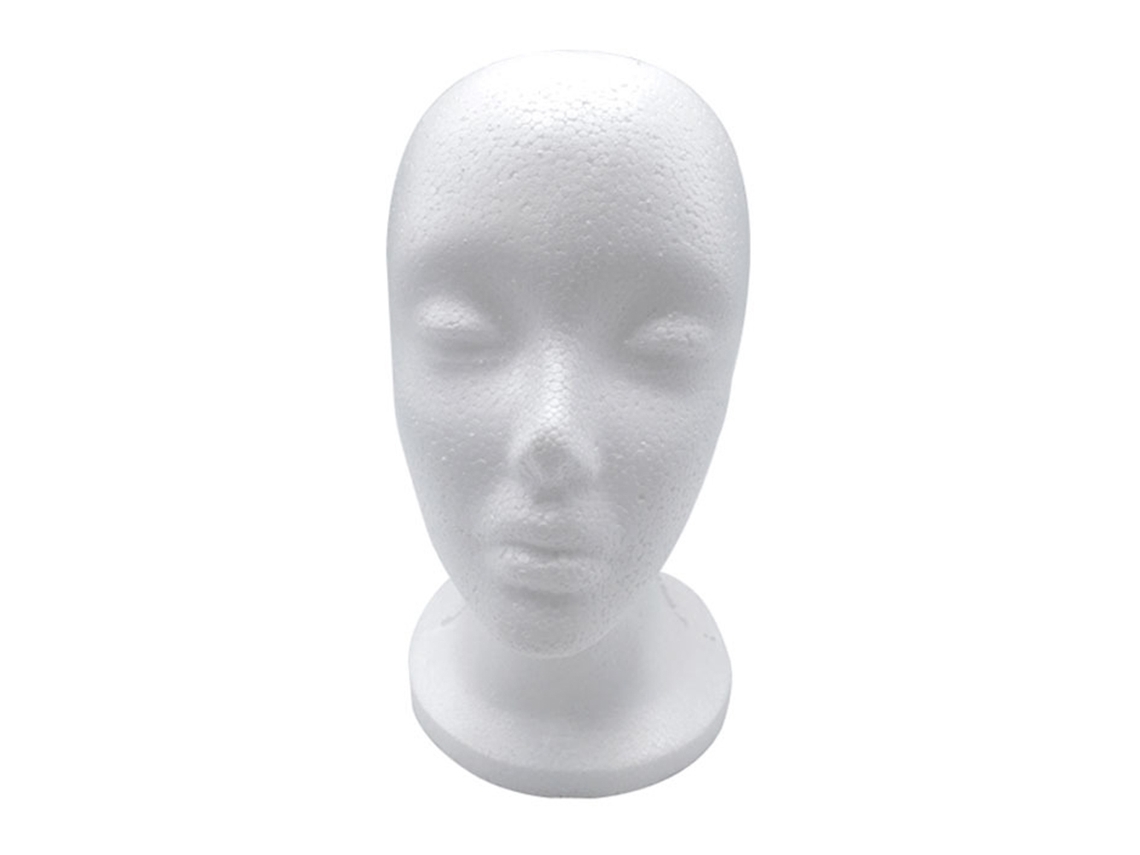 Cabeza de maniquí femenina de espuma, práctica y funcional, ideal para exhibir pelucas, gafas y sombreros. Accesorio profesional para fotografía.