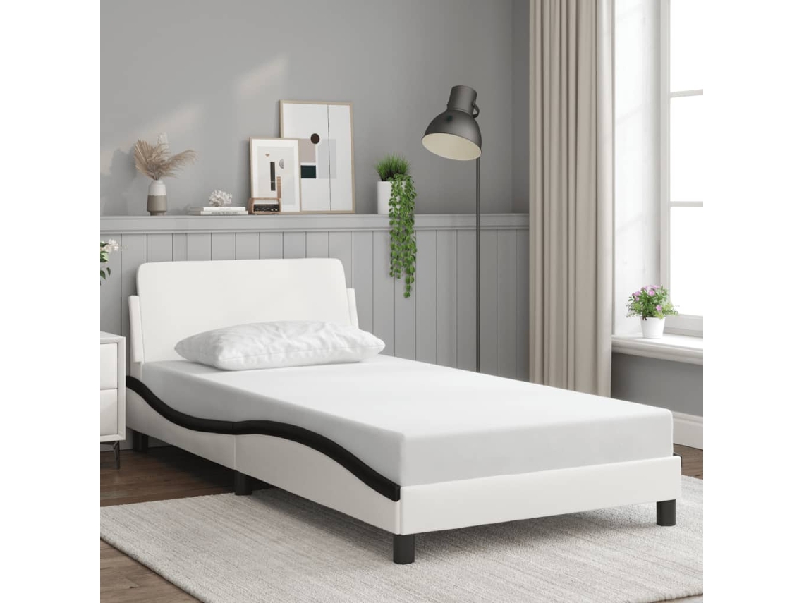 Cama Sin Colchón Cuero Sintético Blanco Negro 100x200 Cm