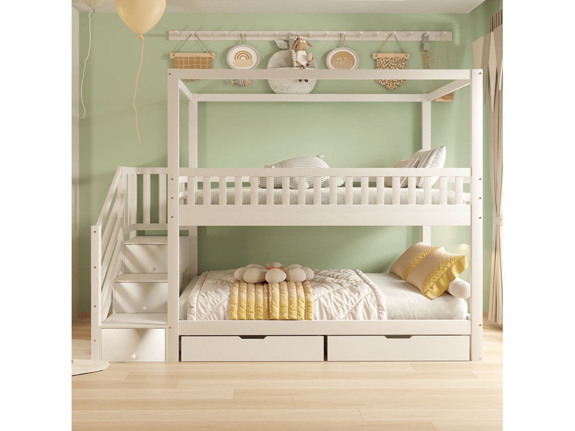 Litera infantil de 90 x 200 cm con barrera de seguridad, escalera y espacio de almacenaje, madera maciza, color blanco Mobrio