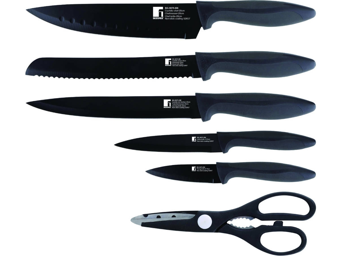 Juego 5 Cuchillos de Cocina + Tijeras BERGNER BG-9075-BK (Acero Inoxodable - 3x43x38cm)