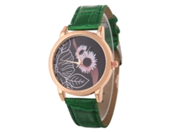 Reloj De Pulsera Unisex De Cuarzo Zhoulianfa Con Correa De Cuero Sintético Y Estampado Floral Verde.
