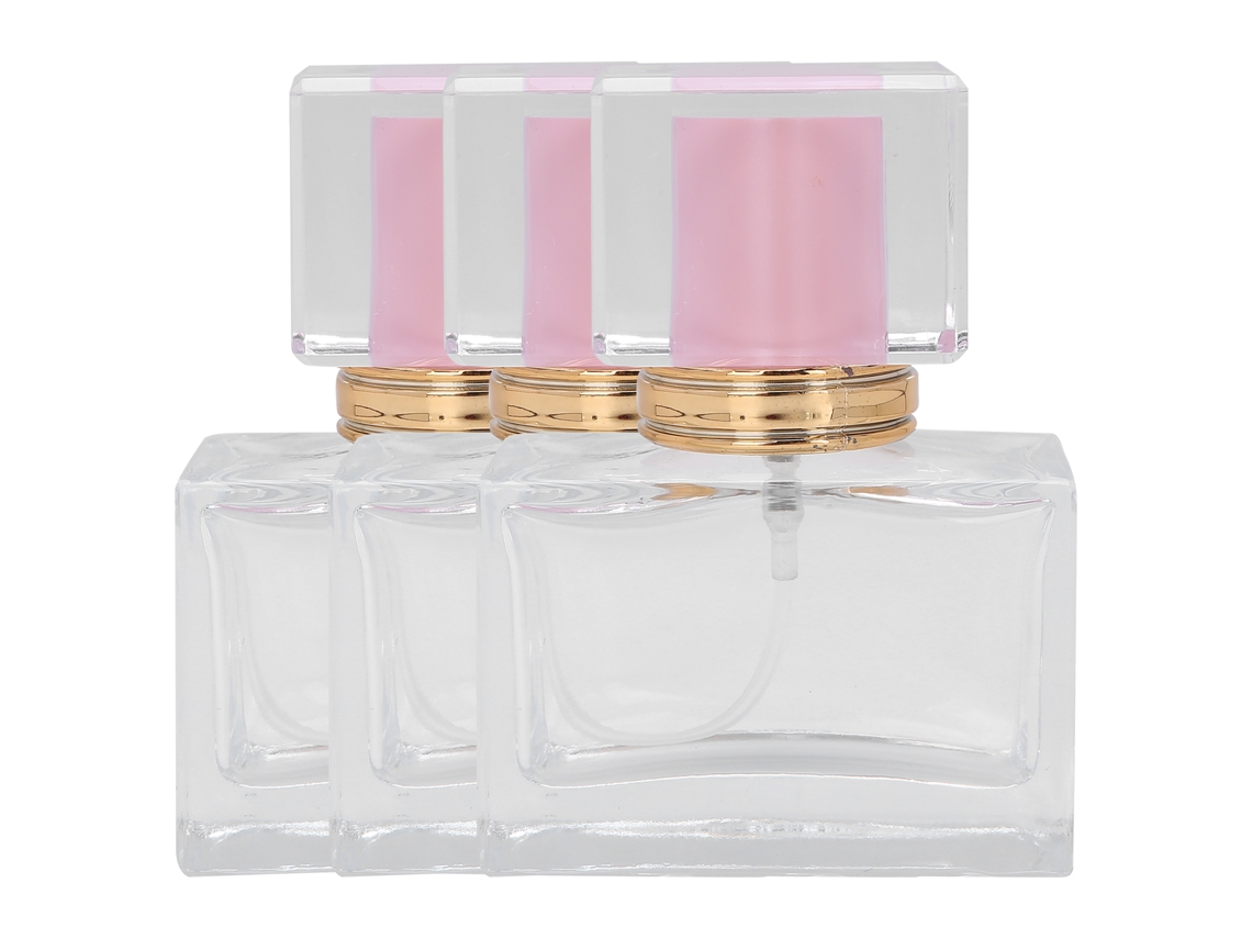 3 Frascos De Perfume De Vidrio Vacíos Con Pulverizador En Rosa, Negro Y Dorado De 30 Ml.