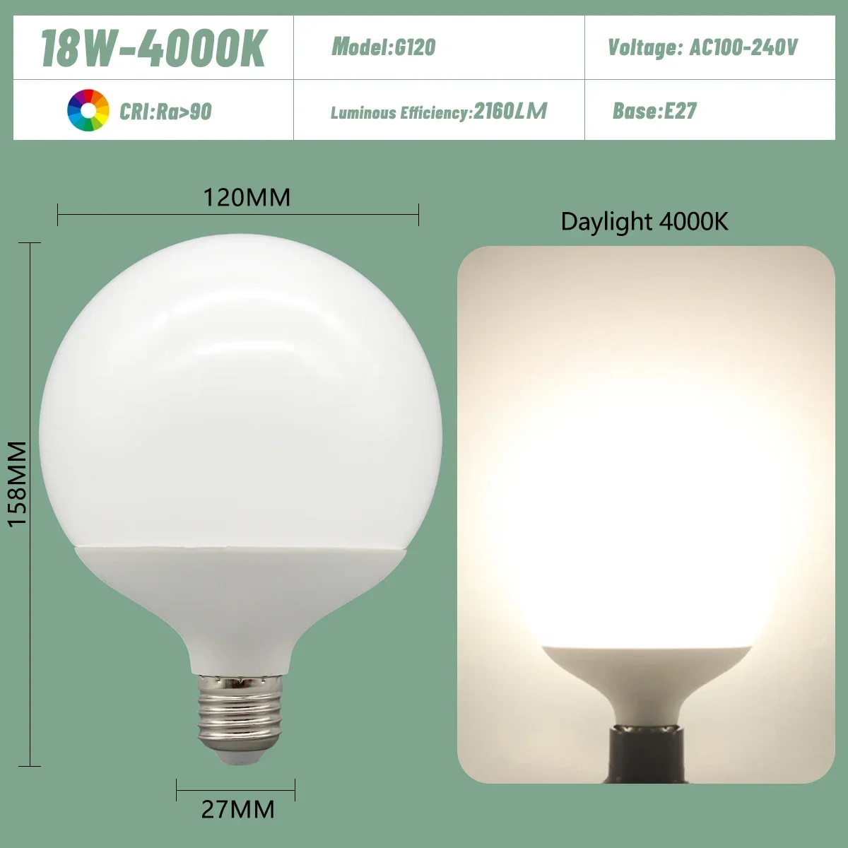 Bombilla Led E27 (18w 4000k, 1 Unidad), De Bajo Consumo, Universal, Para Lámparas De Tocador.