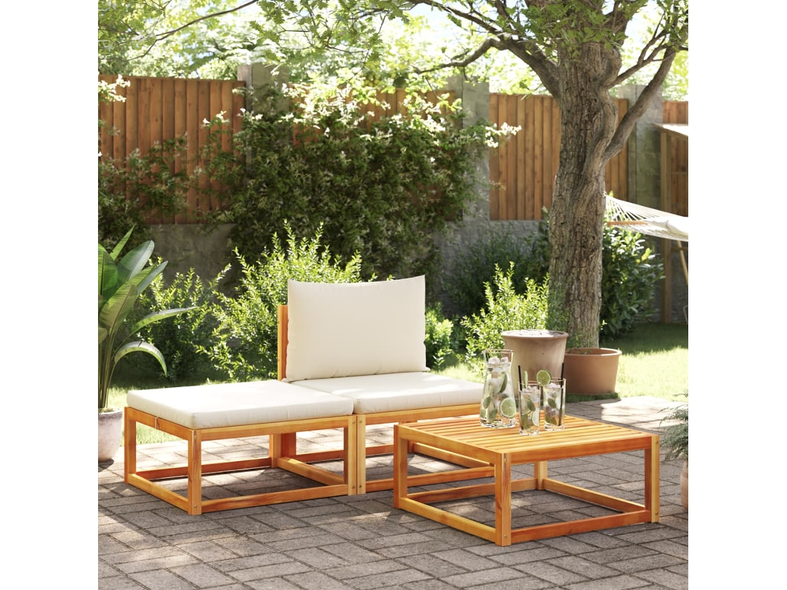 Conjunto de sofá de jardín de 3 piezas con cojines de madera maciza de acacia, Dkd Home Decor