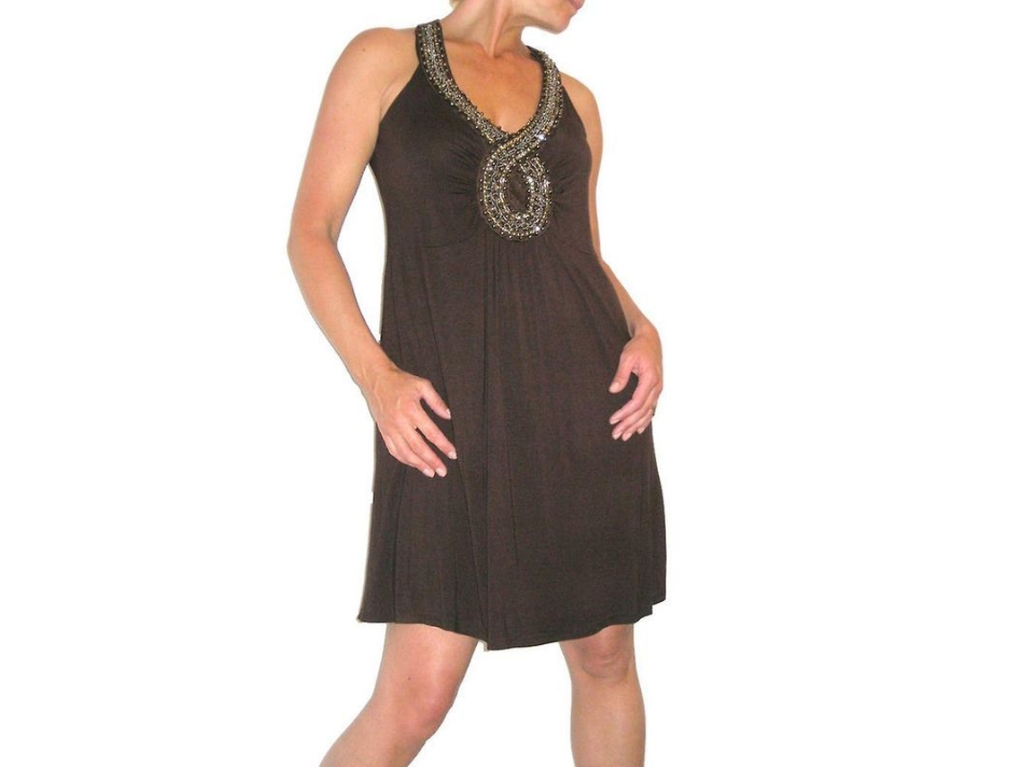 Vestido casual sin mangas para mujer, de corte holgado, con escote en V y perlas, estilo túnica de corte A, talla 6, modelo 2026.