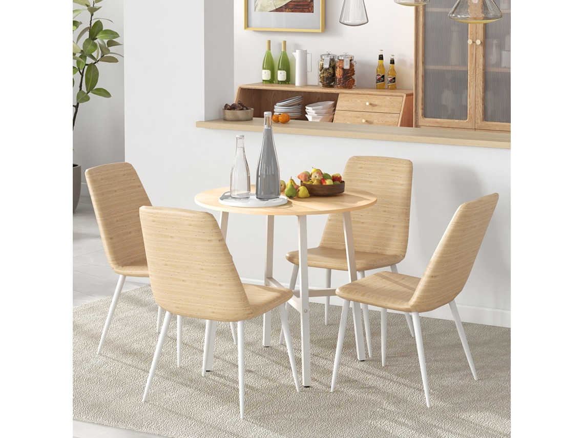 Mesa de comedor redonda moderna para 4 personas, con patas de acero, ideal para el salón, Ø80x76 cm, en colores natural y blanco.