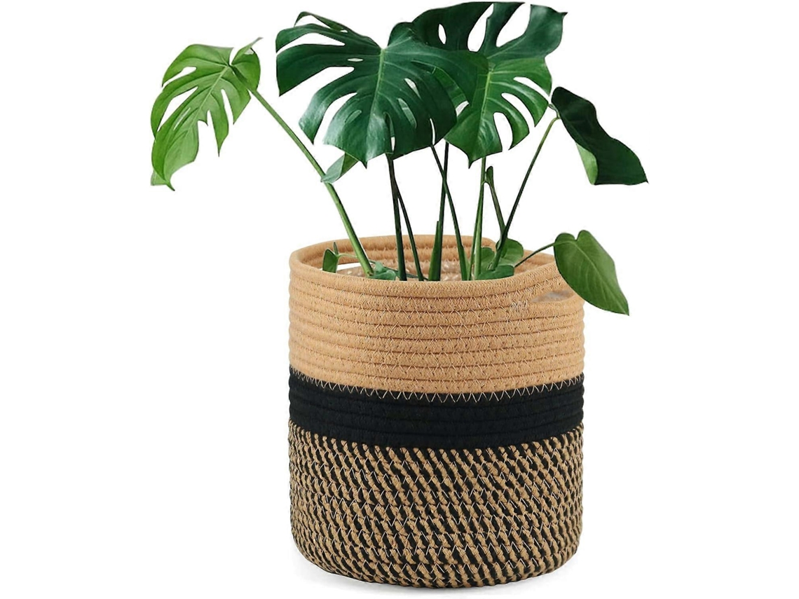 Rebe-maceta De 20cm Con Forro, Cesta Tejida De Algodón Para Plantas Interiores Y Decoración Hogar (marrón Negro)