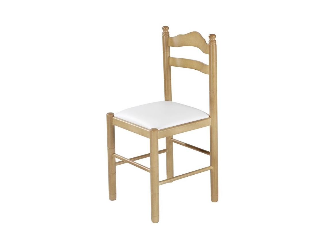 Cadeira de Madeira Clássica Natural Madrid 40x86x42cm Couro Sintético Branco FANMUEBLES