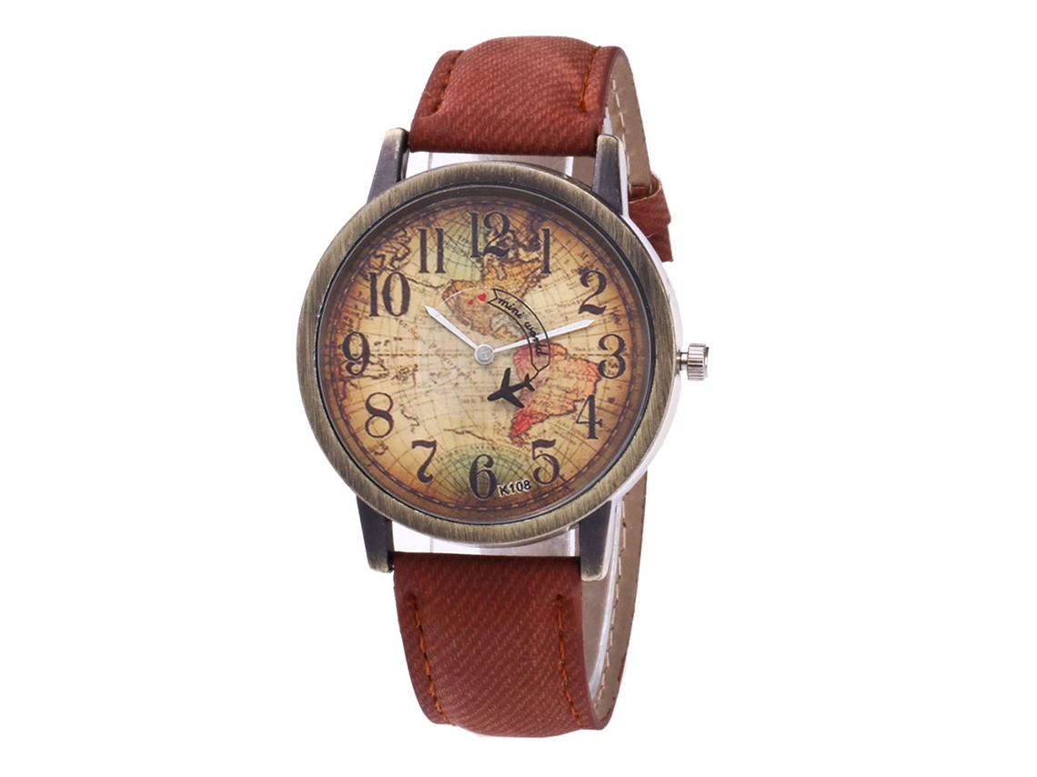 Reloj De Pulsera Unisex Con Correa Vaquera, Estampado De Mapamundi, Cuarzo (marrón Oscuro).