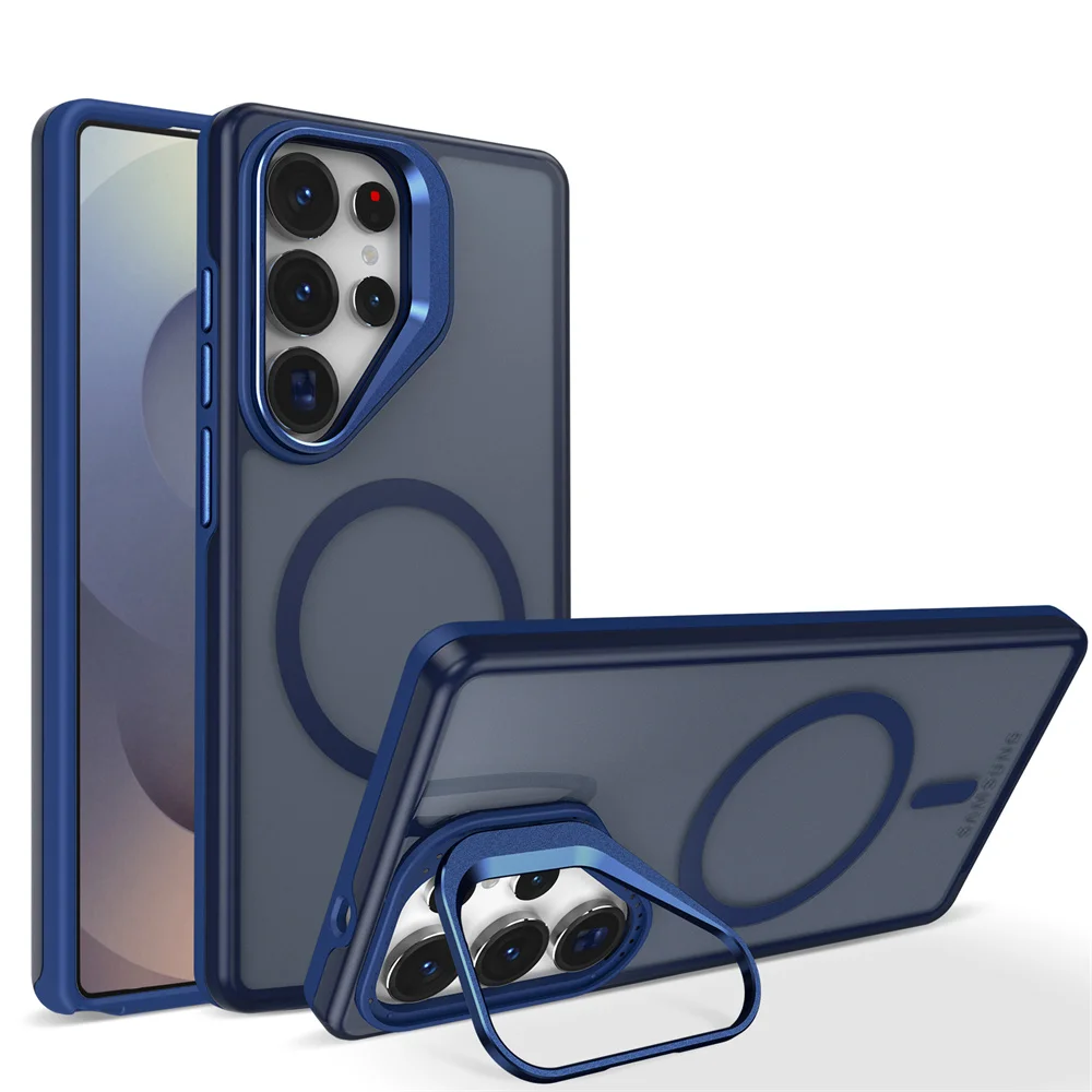 (galaxy S24, Azul) Funda Protectora Magsafe Para Samsung Con Soporte De Lente Metálico Y Cierre Magnético.