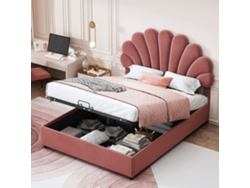 Cama Infantil De 140x200 Cm, Terciopelo Rosa Con Almacenamiento Hidráulico.