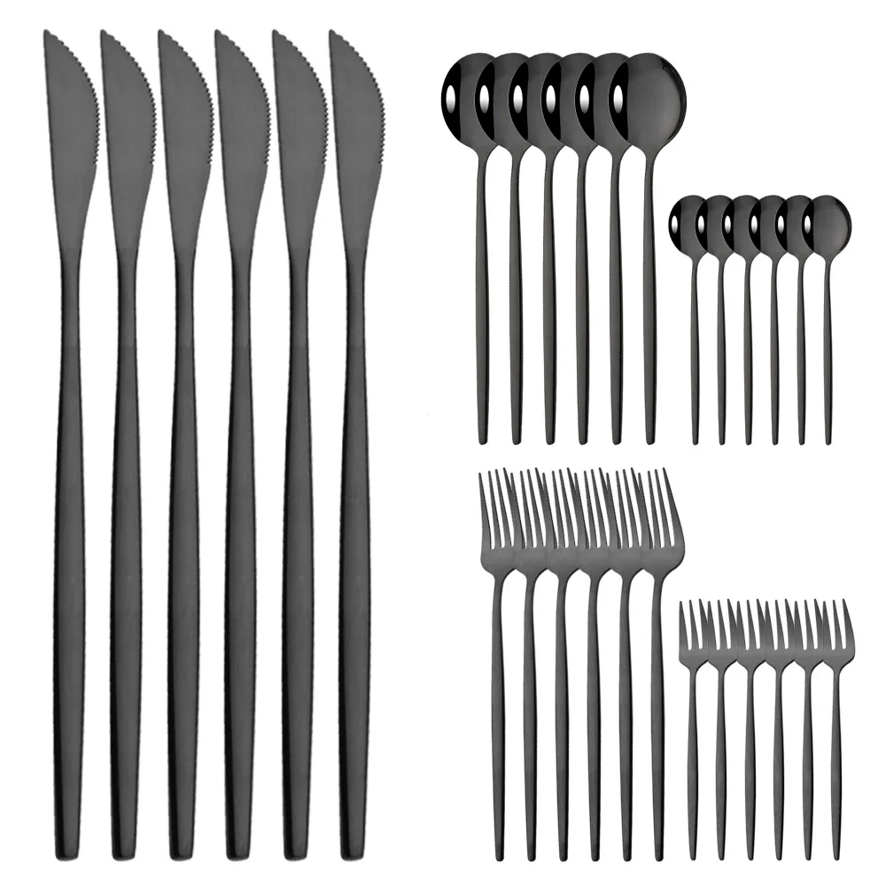(juego De Cubiertos De Acero Inoxidable Negro De 30 Piezas, Que Incluye Cuchillo, Tenedor De Fruta, Cuchara, Etc.)
