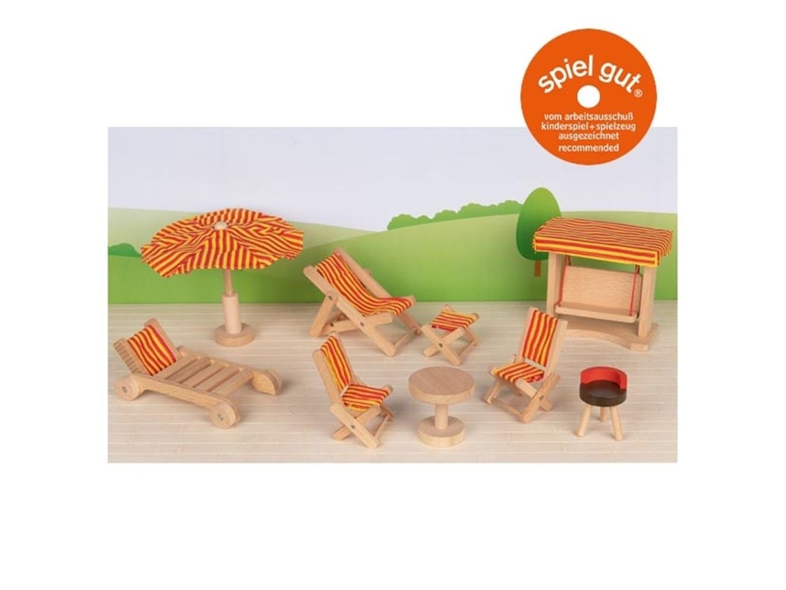 Conjunto de jardín para casa de muñecas Goki: muebles de jardín de madera para casas de muñecas