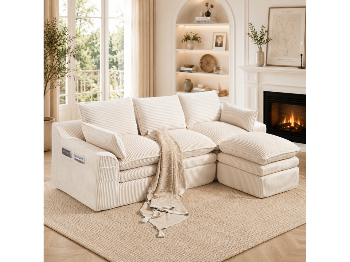 Sofá Modular De Pana Para 3 Personas Con Otomana, Cojines, Bolsillos Laterales, Espuma Y Muelles, Color Beige.