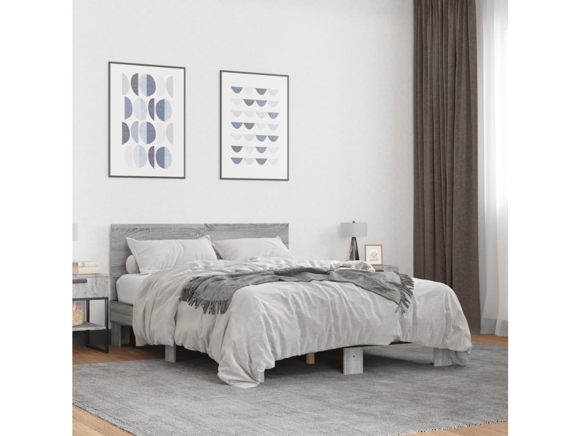 Estructura Cama Madera Ingeniería Metal Gris Sonoma 135x190 Cm
