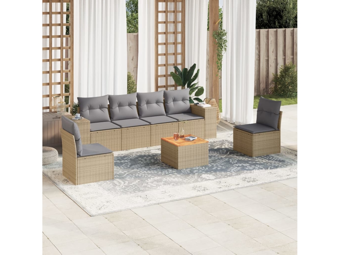 Conjunto de sofá de jardín de 7 piezas con cojines, mimbre sintético beige, Dkd Home Decor