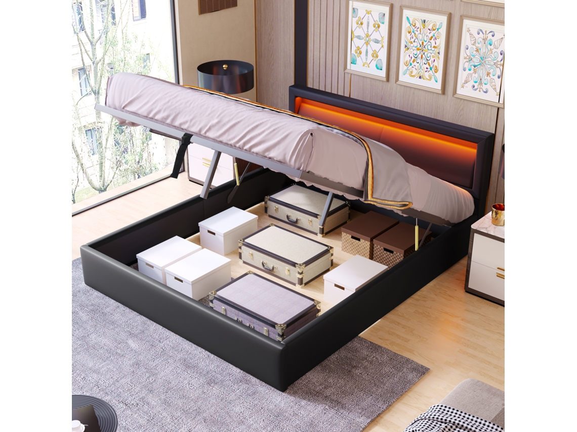 Cabecero De Cama Led Multicolor De 140x190 Cm, Color Negro Pu.