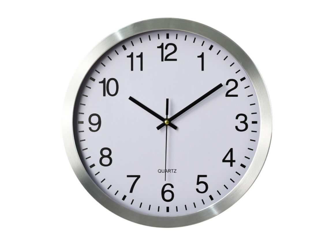 Reloj de pared silencioso de 35,5 cm, diseño contemporáneo, marco de aluminio plateado ecológico y mecanismo antirrobo.