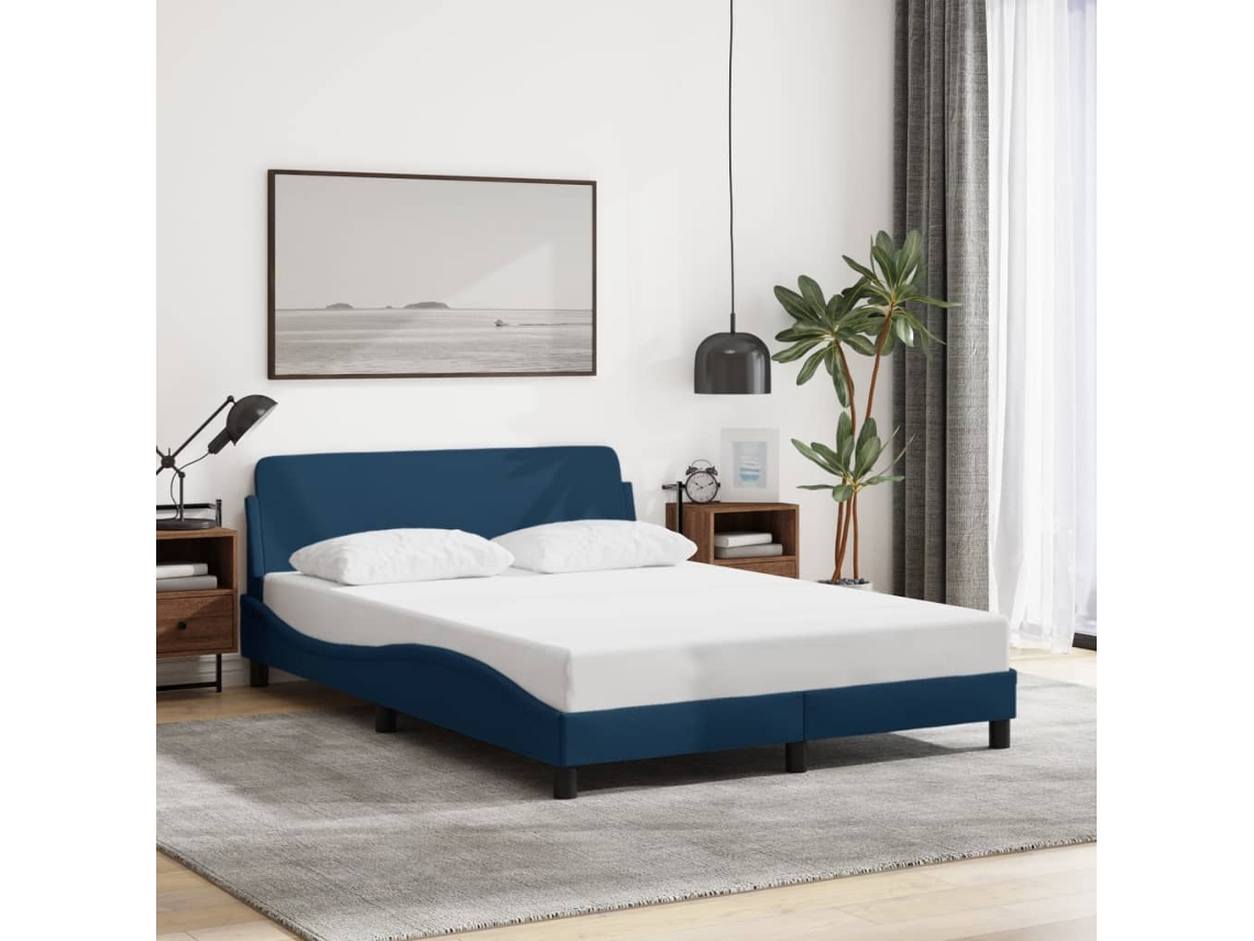 Estructura De Cama Con Cabecero Sin Colchón Tela Azul 140x200cm