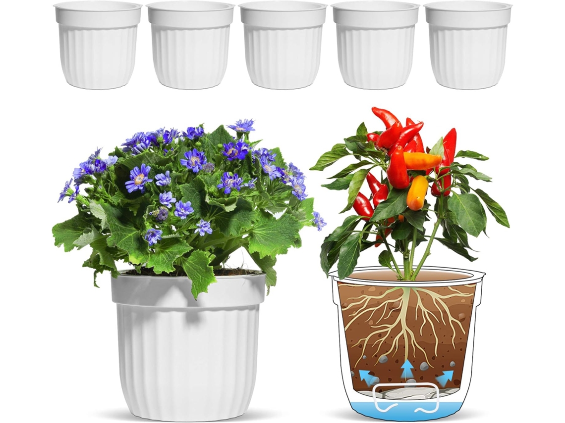 KOFIHETY Set de 6 Macetas Autoirrigables Blancas con Depósito de Agua para Plantas de Interior y Exterior