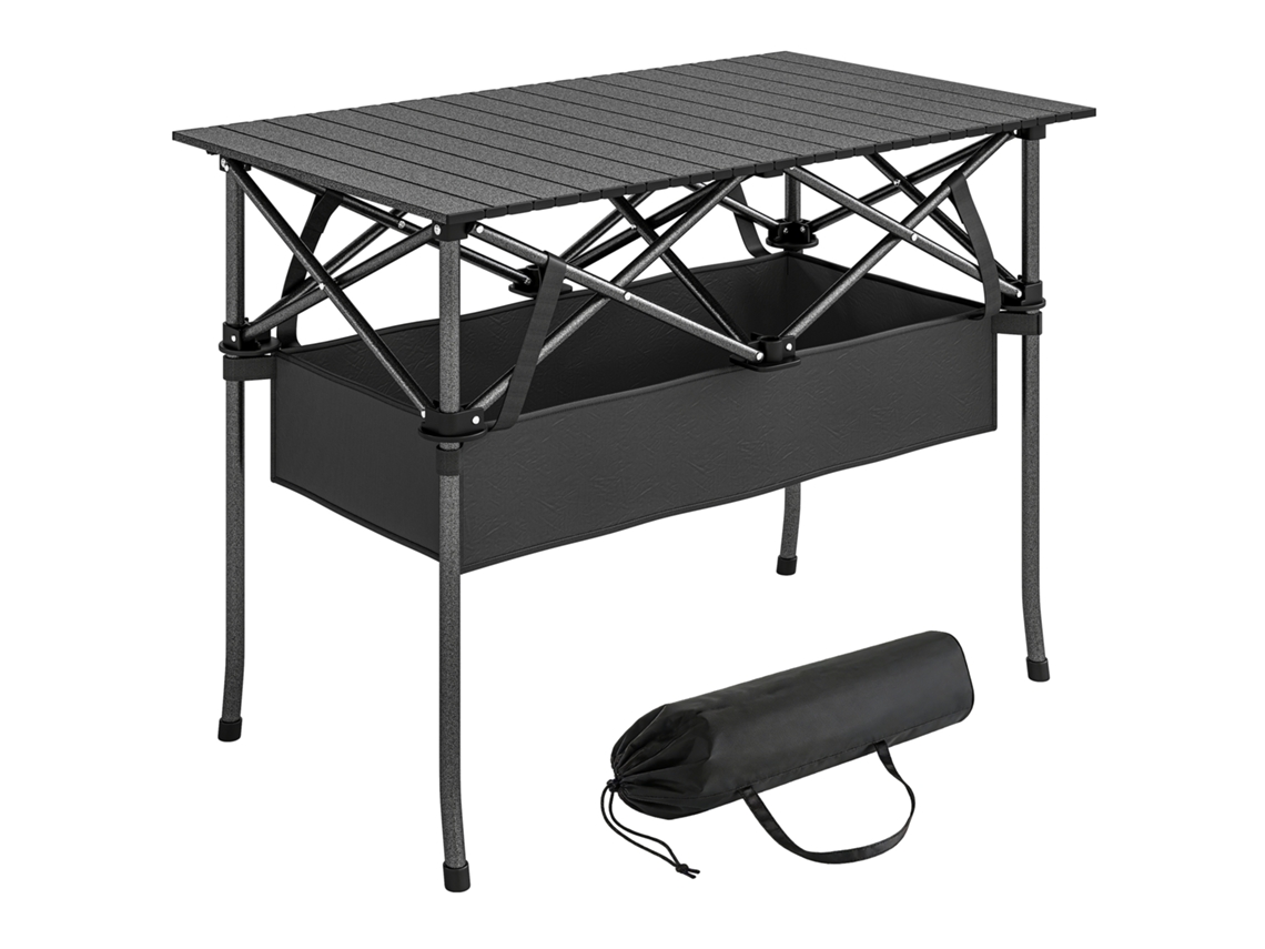 Mesa de picnic plegable negra con estante enrollable y bolsa de transporte de malla.