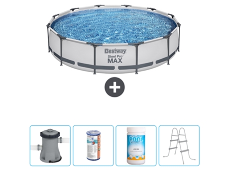Piscina BESTWAY Round Steel Pro MAX - 366 x 76 cm - Gris - Bomba incluida Filtrar - Cloro - Escalera