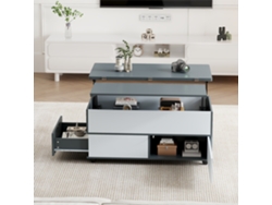 Mesa de centro ajustable de 100 x 98 x 65 cm con almacenaje y estantes, con ruedas y 1 cajón, estilo gris y blanco.