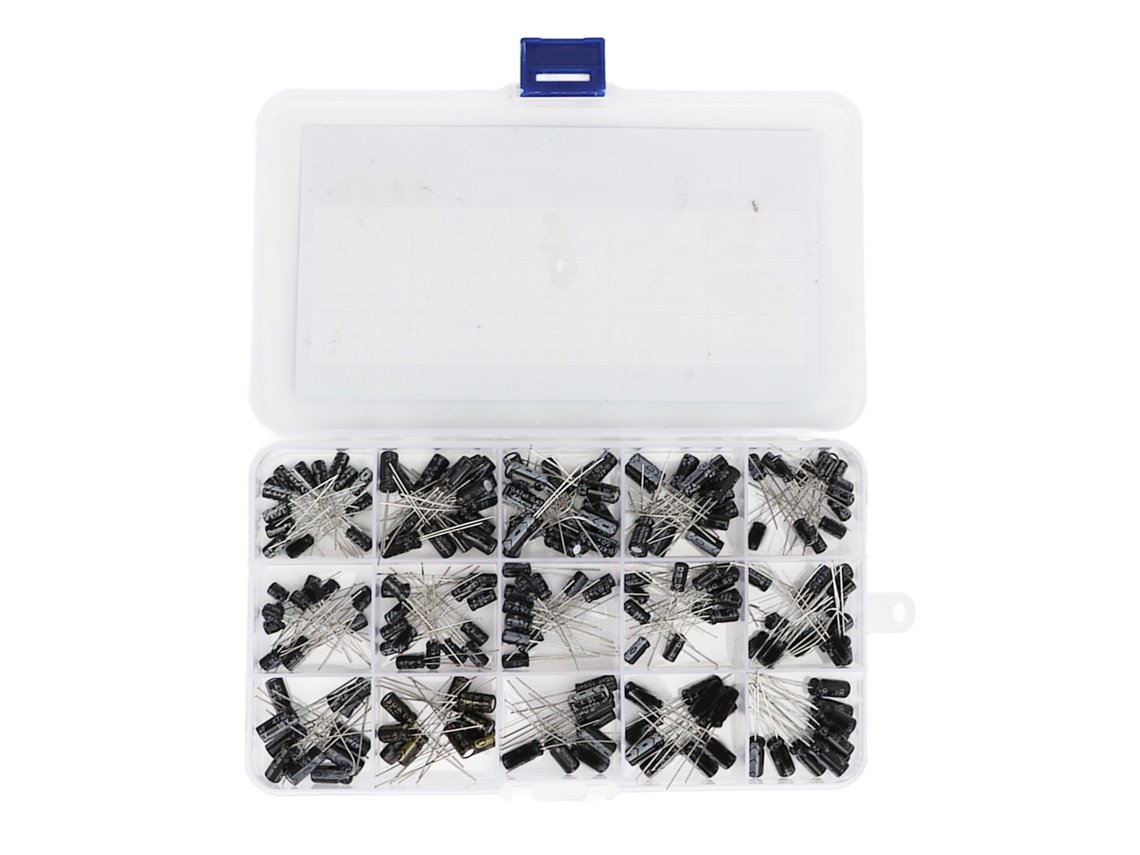 Kit De 200 Condensadores Electrolíticos De Aluminio En Línea, 15 Valores, 0,1-220 Μf, Con Estuche De Almacenamiento.
