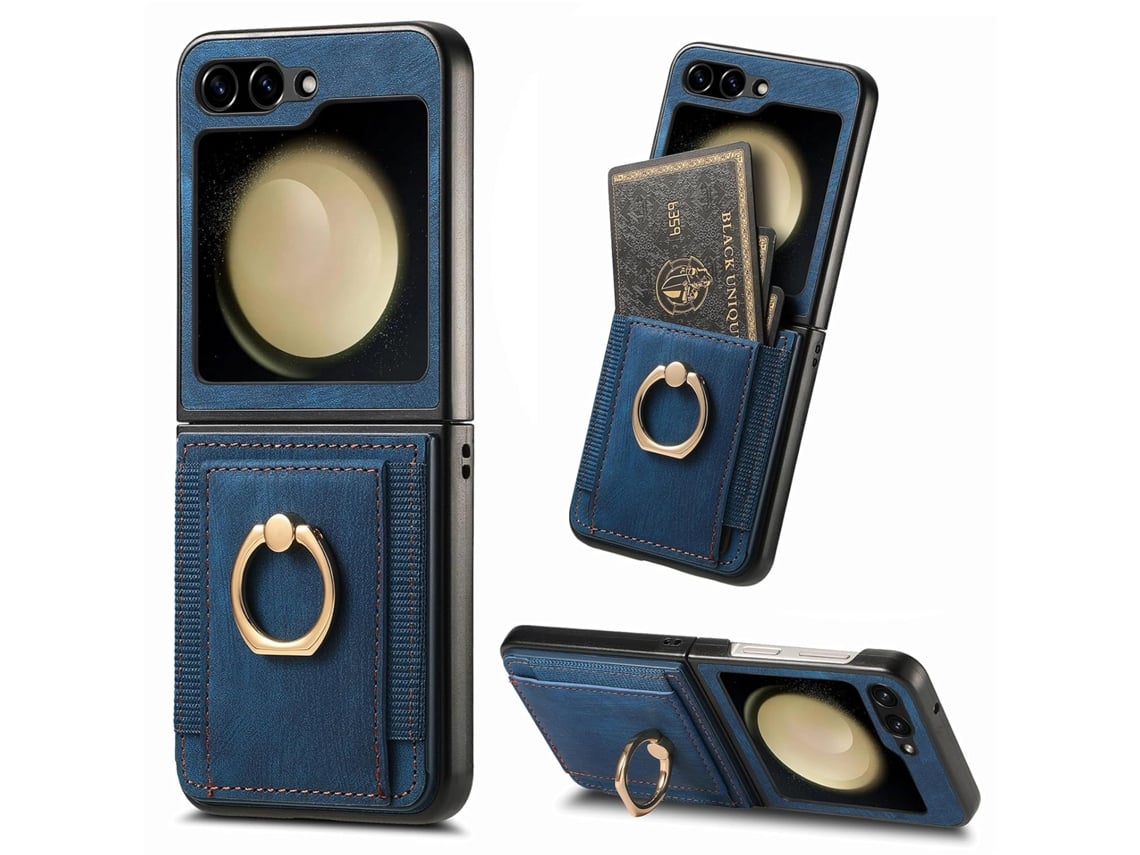 Funda Chrui Para Samsung Galaxy Z Flip 6 Con Tarjetero Y Anillo Giratorio Integrado (azul)