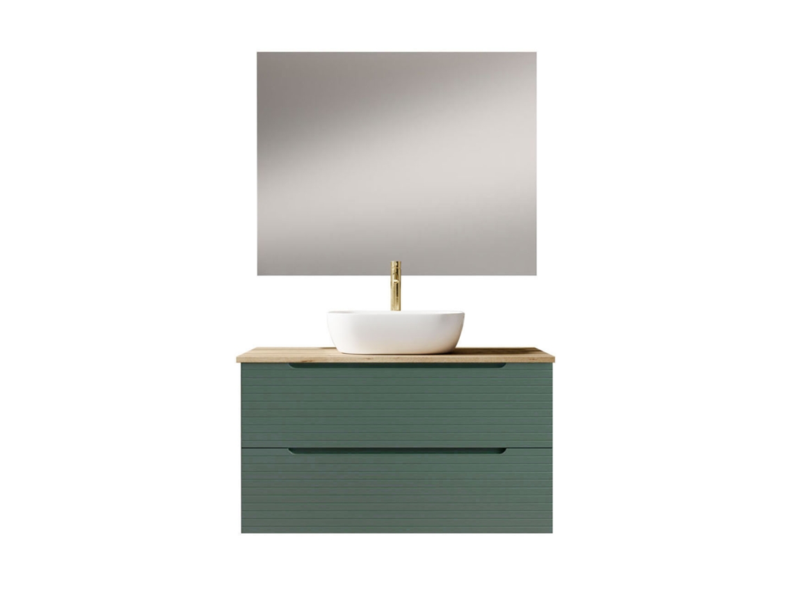 Mueble de baño con lavabo, espejo y aplique LED Boreal 100x45 cm, acabado mate Verde Lago, 2 cajones, Kibath suspendido