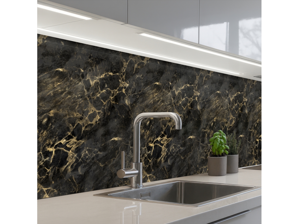 Salpicaderos De Cocina Negro - Mármol - Oro - Nerf 400x80 Cm