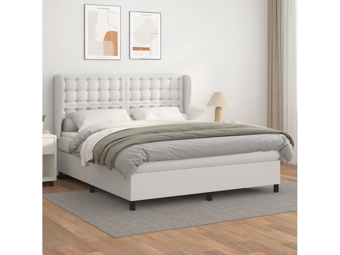 Cama Box Spring Con Colchón Cuero Sintético Blanco 160x200 Cm