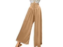 Pantalones Rebe-Casual de verano con cintura alta, bolsillos y tejido de poliéster fluido en color caqui.